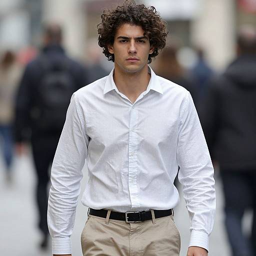 Photograph of a young man with curly dark hair, wearing a white button-up shirt and beige pants, walking confidently in a blurred, busy urban street
