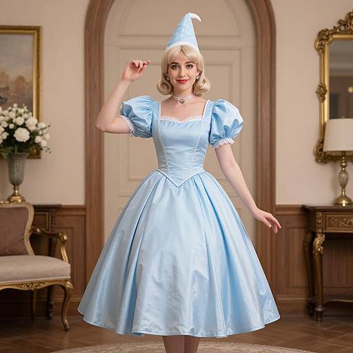 Photograph of a blonde woman in a light blue, puffed-sleeve, satin Princess costume with a matching hat, standing in a elegant,