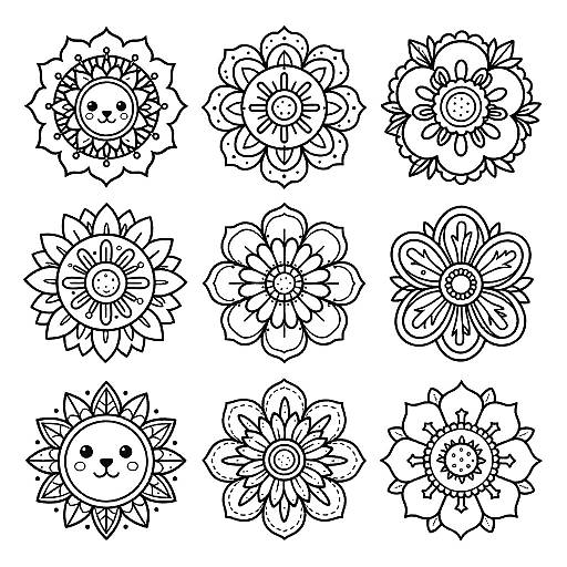 Black-and-white digital drawing of twelve whimsical, cartoon-style flowers with varied petal shapes and patterns, arranged in a 3x4 grid.