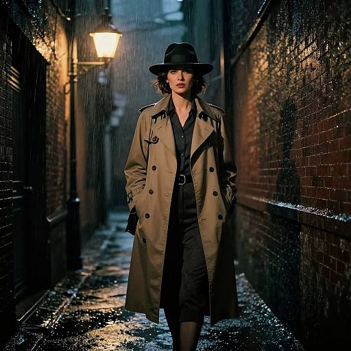 Noir Female Detective in Rainy Alley