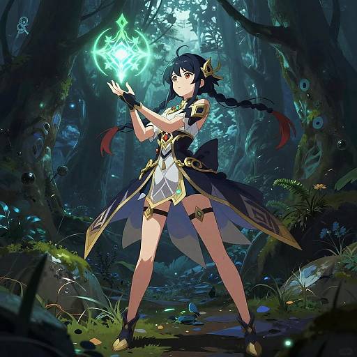 Digital anime artwork of a dark-haired, blue-eyed girl in a magical forest, holding a glowing, crystalline orb with outstretched hands. She