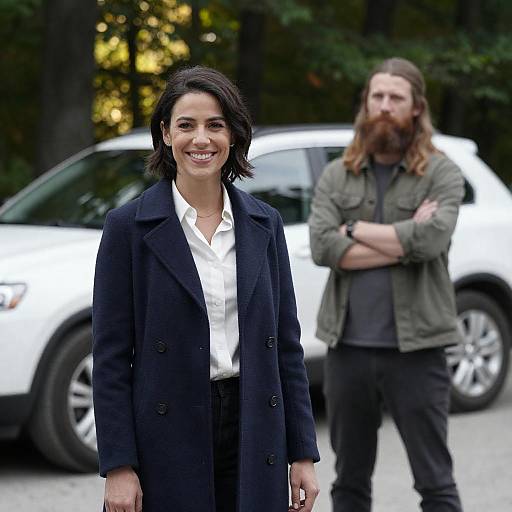 Photograph: Smiling woman with short black hair in navy coat and white shirt stands in front of bearded man with long hair, green jacket,