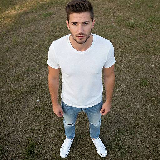 Photograph of a young man with short brown hair, light stubble, wearing a white t-shirt, ripped blue jeans, and white sneakers, standing