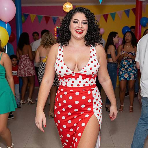 Photograph of a curvy woman with curly black hair, red polka dot dress, deep neckline, and red lipstick, smiling at a colorful party