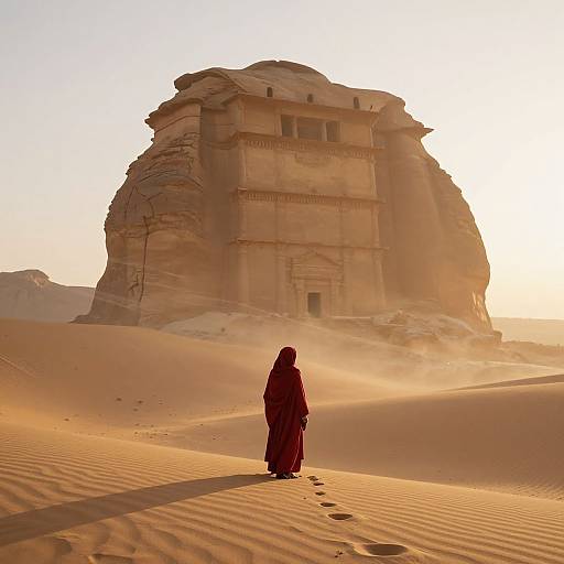 Photograph of a lone woman in a red burqa standing in golden desert sand, facing a massive, sunlit ancient rock formation with ornate architecture