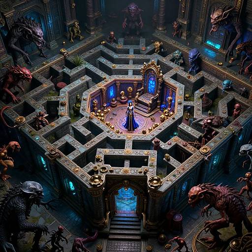 Digital fantasy artwork: A glowing blue-lit, octagonal maze central stage with a robed figure, surrounded by eerie creatures and ornate stone walls