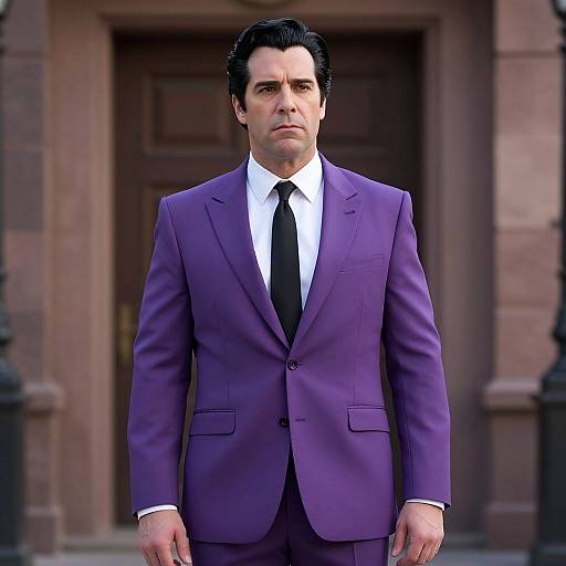 Photograph of a serious-looking man in a purple suit, white shirt, and black tie, standing in front of a brown wooden door.