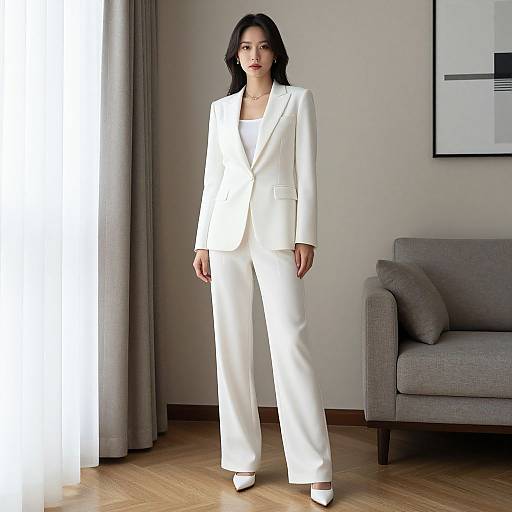 Elegant Woman in White Blazer Suit