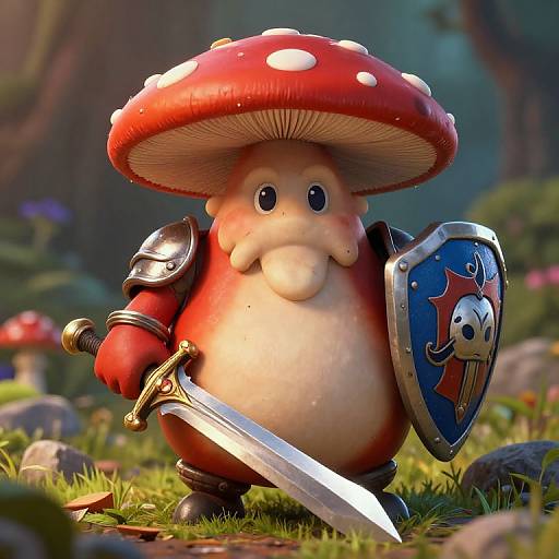 CGI image of a cute, red, mushroom warrior with white spots, mustache, holding a sword and shield in a whimsical forest.