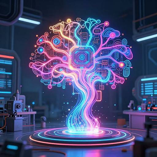 Neon digital tree with glowing, multicolored circuitry branches on a futuristic lab floor, illuminated by vibrant blue, pink, and purple lights.