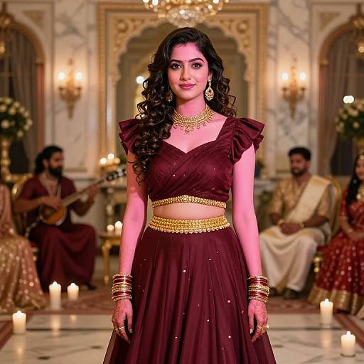 Photograph of an Indian woman with long curly black hair, wearing a maroon saree with gold embellishments, standing in an ornate, candle