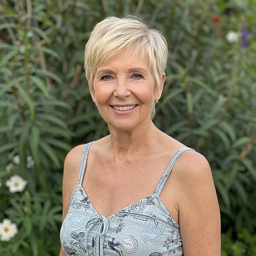 Photograph of a smiling middle-aged blonde woman with short hair, wearing a light blue, patterned tank top, standing in front of lush green foliage