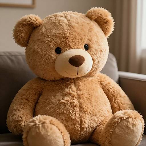 Photograph of a plush, light brown teddy bear with black eyes and a brown nose, sitting on a gray couch in a sunlit room.