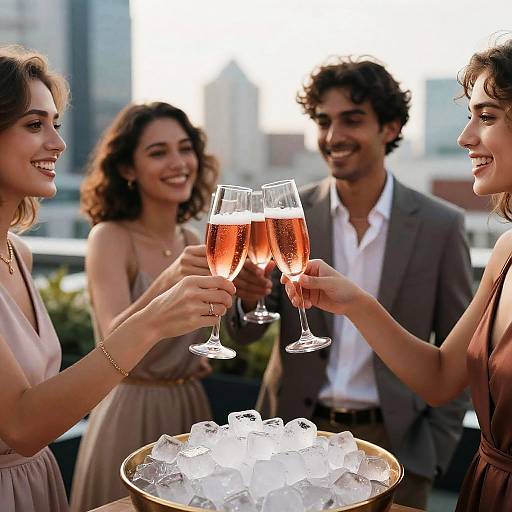 Photograph of four smiling, casually dressed friends toasting with champagne glasses on a rooftop, surrounded by ice and city skyline.