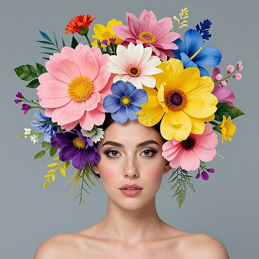 Photorealistic digital portrait of a fair-skinned woman with a colorful flower crown, featuring pink, yellow, blue, and purple blooms, against a