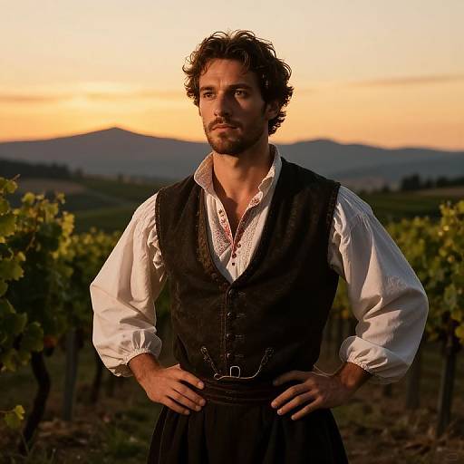 Photograph of a rugged, curly-haired man with a beard, in a white shirt and black vest, standing in a vineyard at sunset, hands
