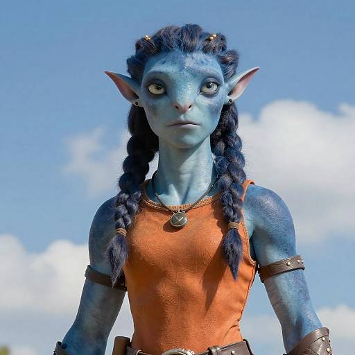 Photograph of a blue-skinned, elf-like woman with braided dark hair, wearing an orange tank top, armband, and pendant,