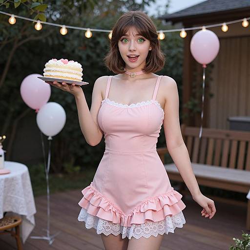 Photograph of a surprised woman in a pink, ruffled, lace-trimmed dress, holding a layered cake, surrounded by outdoor string lights and