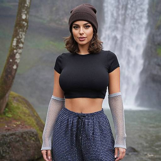 Photograph of a curvy woman with brown skin, wearing a black crop top, fishnet sleeves, high-waisted patterned pants, and