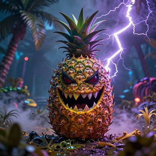 Digital artwork of a menacing pineapple with sharp teeth, evil eyes, and a lightning bolt background in a dark, stormy jungle.