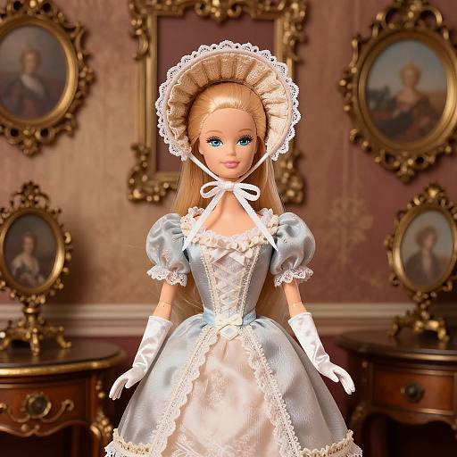 Photorealistic digital doll with blonde hair, blue eyes, and Victorian dress, white gloves, lace bonnet, standing in ornate, framed portrait