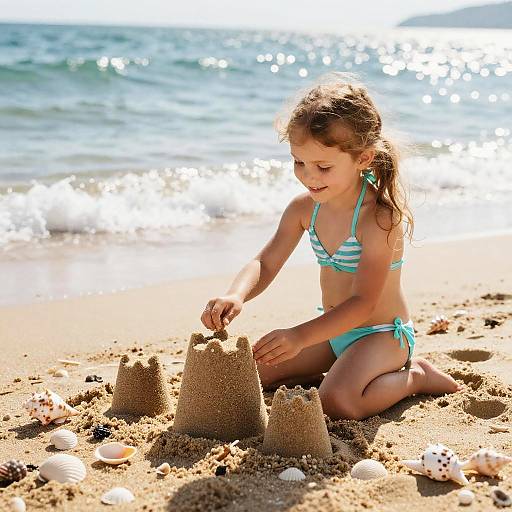 Cheerful Bikini Girl Building Sandcastle