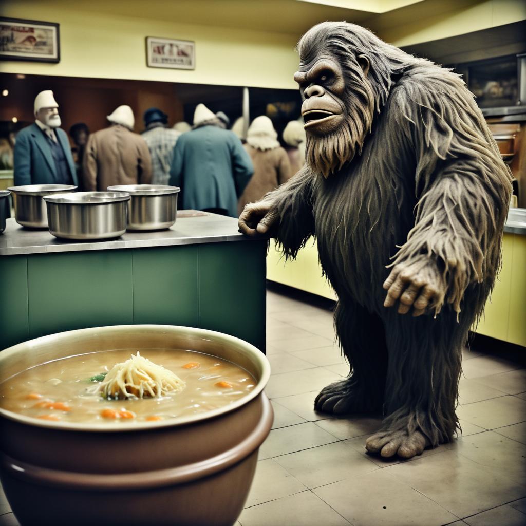 Surreal Bigfoot Queuing for Soup