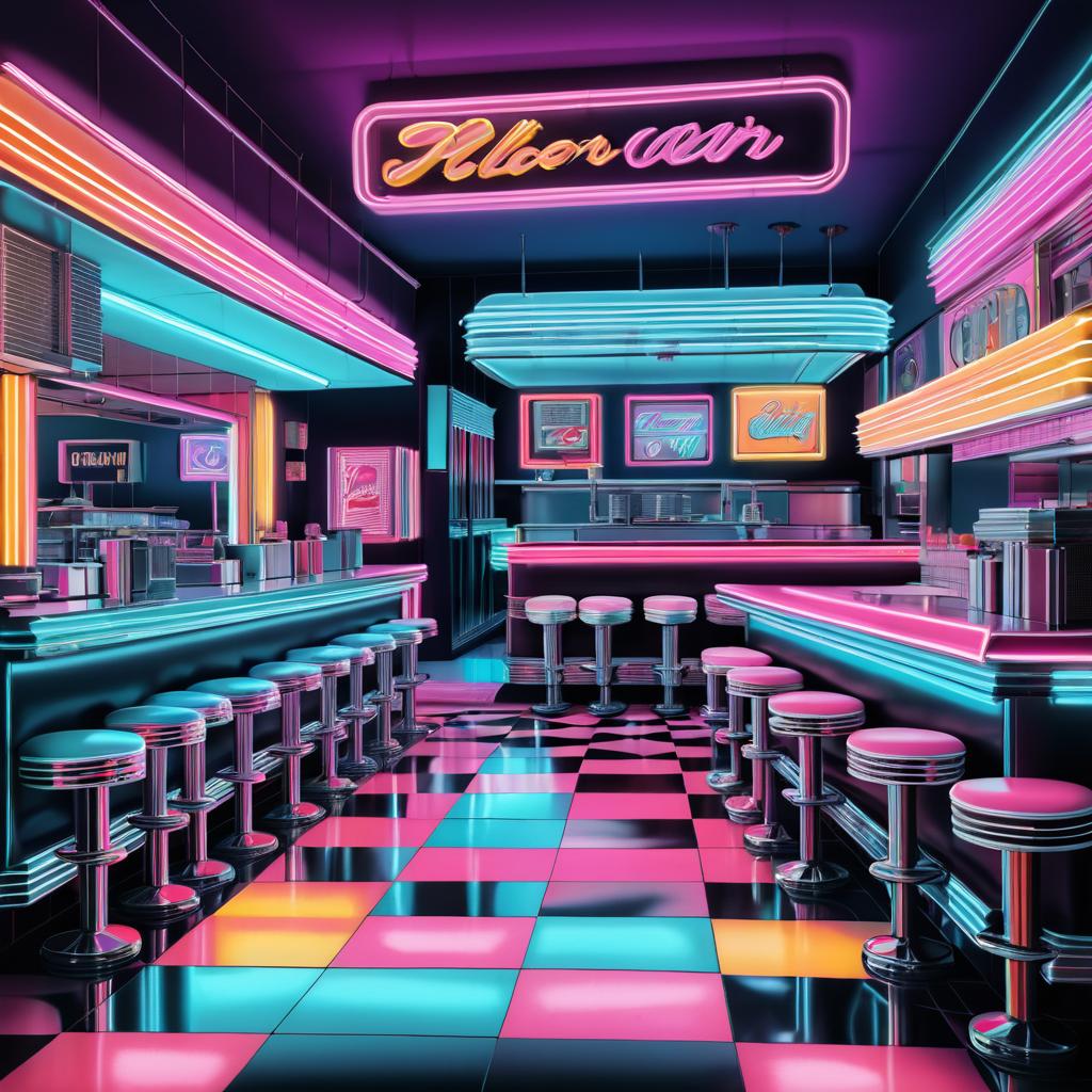 Retro Diner Night Illustration with Cat