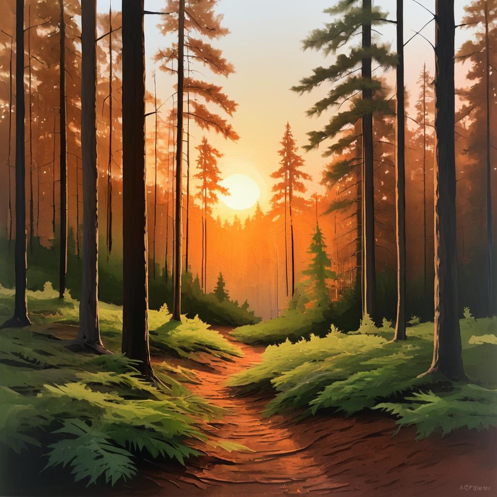 Realistic Sunset Forest Painting