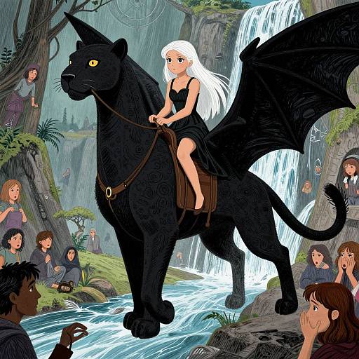 Digital illustration of a white-haired woman in a black dress riding a black, winged dragon with yellow eyes, in a lush, waterfall-filled forest,