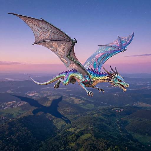 Photograph of a vibrant, iridescent dragon with glowing blue and purple scales, large translucent wings, and sharp horns, soaring above a sprawling landscape
