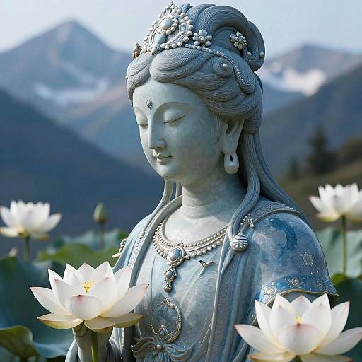 Photograph of serene Buddha statue with closed eyes, holding lotus flowers, wearing ornate jewelry, set against mountainous background with blooming lotuses