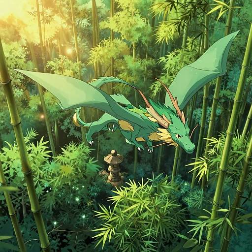 Digital anime-style illustration of a green dragon with wings soaring above a small stone statue in a sunlit bamboo forest.