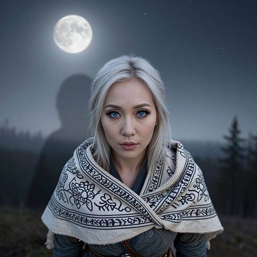 East Asian Woman Under Full Moon in Viking Attire