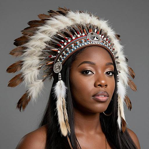 Photograph of a dark-skinned woman with long black hair, wearing a Native American-style headdress with white, brown, and red feathers, and