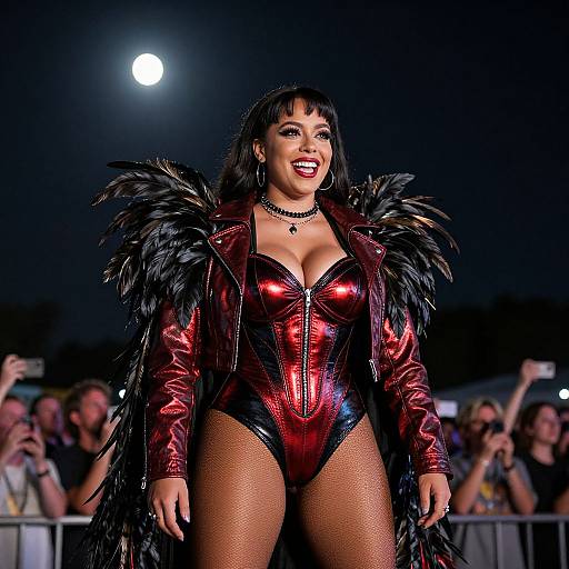 Photograph of a confident woman with dark hair, wearing a shiny red leather corset, black fishnet tights, and a black feathered jacket