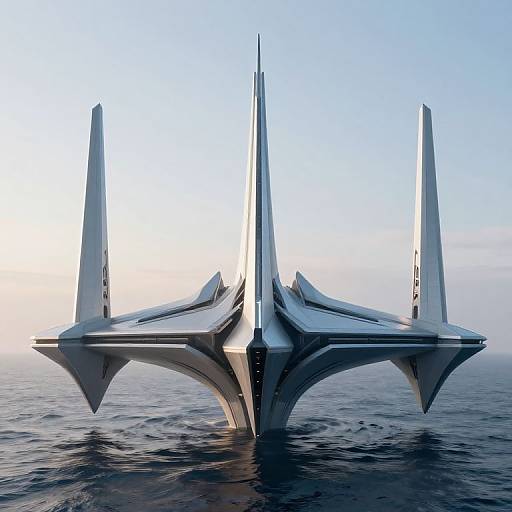 Photorealistic CGI of a futuristic, four-winged, sleek, silver seafaring vehicle floating on calm ocean waters under a clear blue sky.