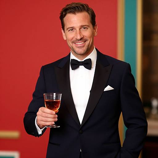Photograph of a smiling, handsome man in a black tuxedo with a bow tie, holding a glass of amber liquid against a red and blue