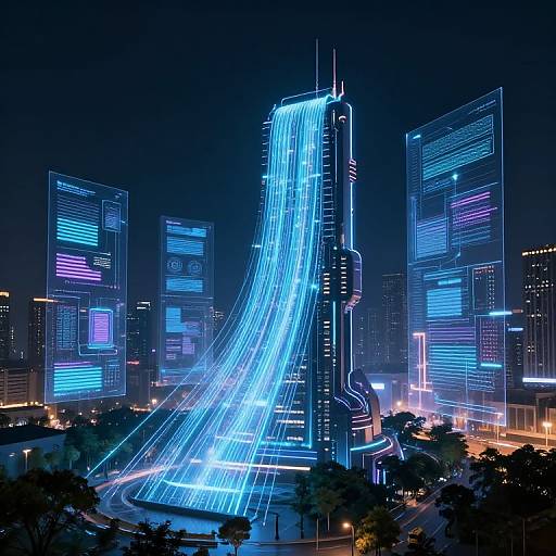 Neon-lit futuristic cityscape at night, featuring a towering skyscraper with a cascading blue light waterfall, surrounded by illuminated buildings in vibrant blue
