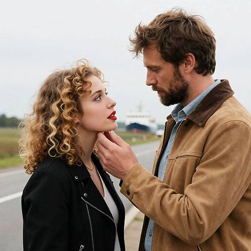 Photograph of a bearded man in a brown jacket gently touching a woman's chin, who has curly blonde hair and red lipstick, standing on a