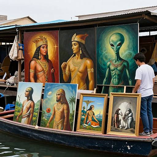 Photograph of an artist's boat stall displaying vibrant, detailed paintings of Egyptian deities and an alien, with a man in a white shirt standing nearby