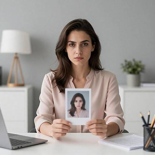 Woman in Pink Blouse at Desk