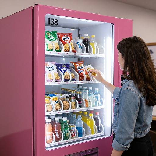 Woman Choosing Snacks at Pink Vending Machine