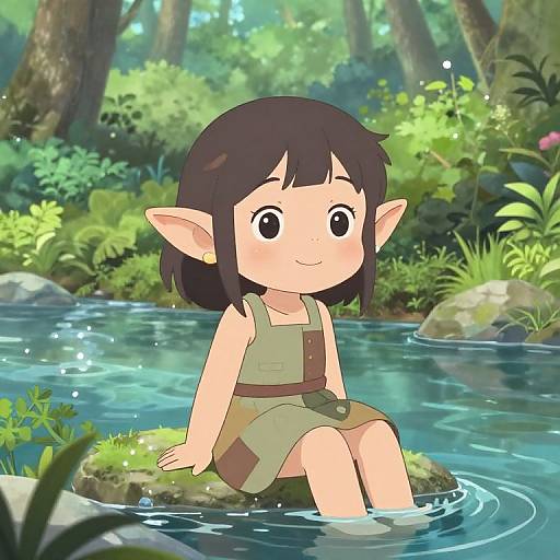 Digital anime-style drawing of a cute elf girl with brown hair, wearing a green dress, sitting in a tranquil forest stream.