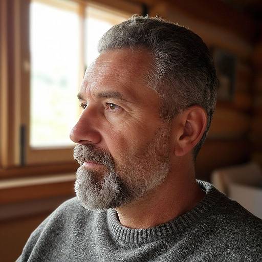 Photograph of a middle-aged man with gray hair and beard, wearing a gray sweater, gazing thoughtfully out a sunlit window.
