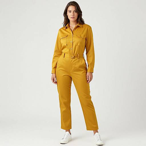 Photograph of a woman with wavy brown hair, wearing a mustard-yellow, long-sleeved, belted jumpsuit, and white sneakers,