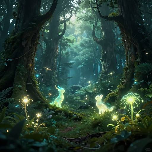 Digital fantasy artwork of a mystical forest with glowing, luminescent deer-like creatures among bioluminescent flowers, surrounded by towering, moss-covered trees