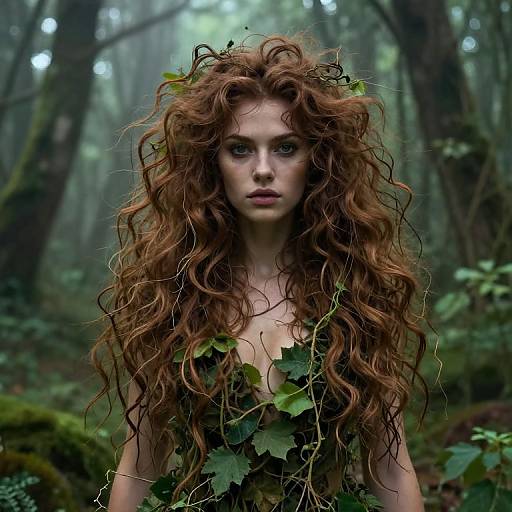 Photograph of a red-haired, fair-skinned woman with wild, curly hair adorned with leaves, standing in a misty forest. She wears a