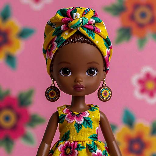 Dark-Skinned Doll with Floral Headwrap and Dress