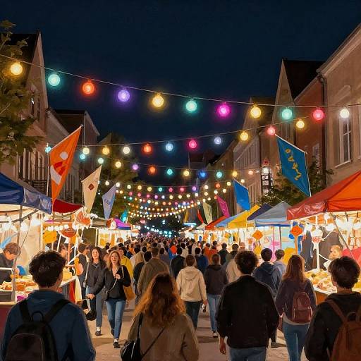 Nighttime photograph of a bustling outdoor market with colorful string lights, festive flags, and crowds of people browsing vendor stalls.
